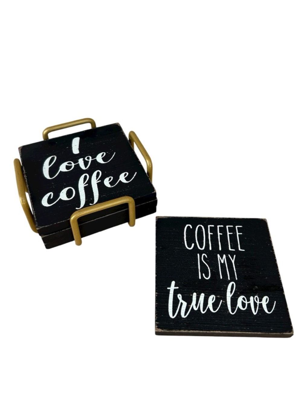 Set of 4 Black Wood Gold Metal Holder Coffee Theme Farm House Bohemian Coasters